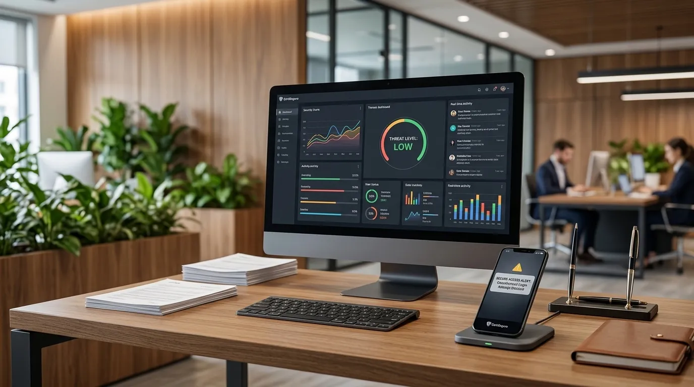 Monitor de computador exibindo painel seguro sobre como emitir certificado digital e gerenciar acessos.