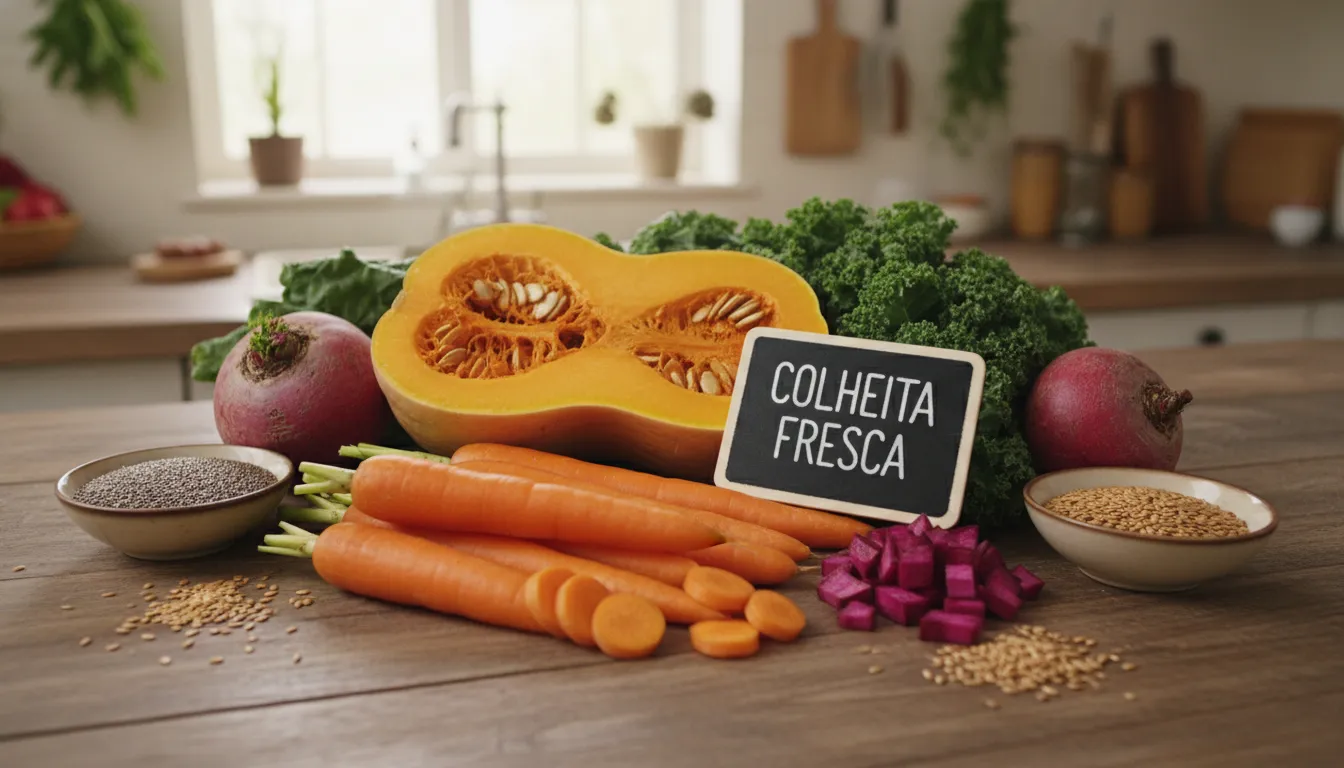 Legumes, verduras e sementes frescos organizados para mostrar opções variadas de fibras.