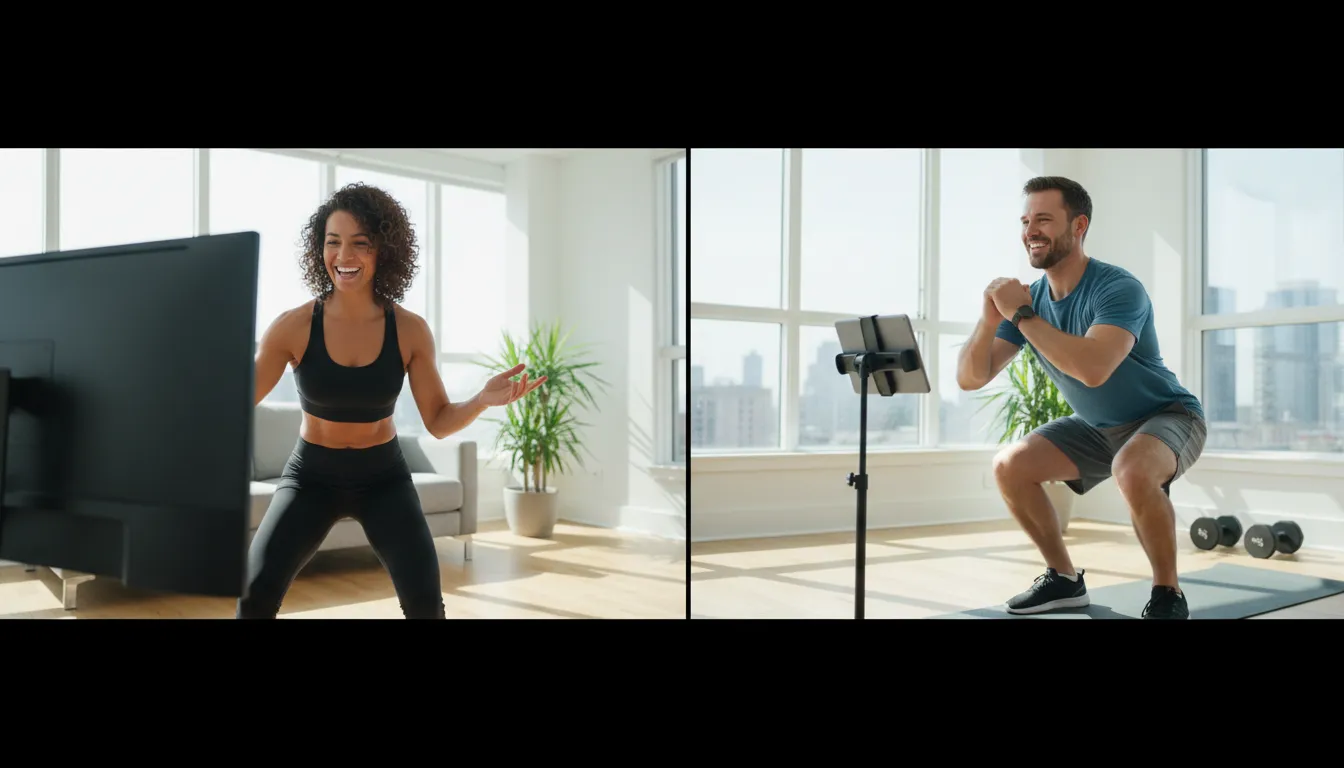 Tela dividida mostrando personal trainer e cliente durante agachamento em treino online personalizado, ambos sorrindo.