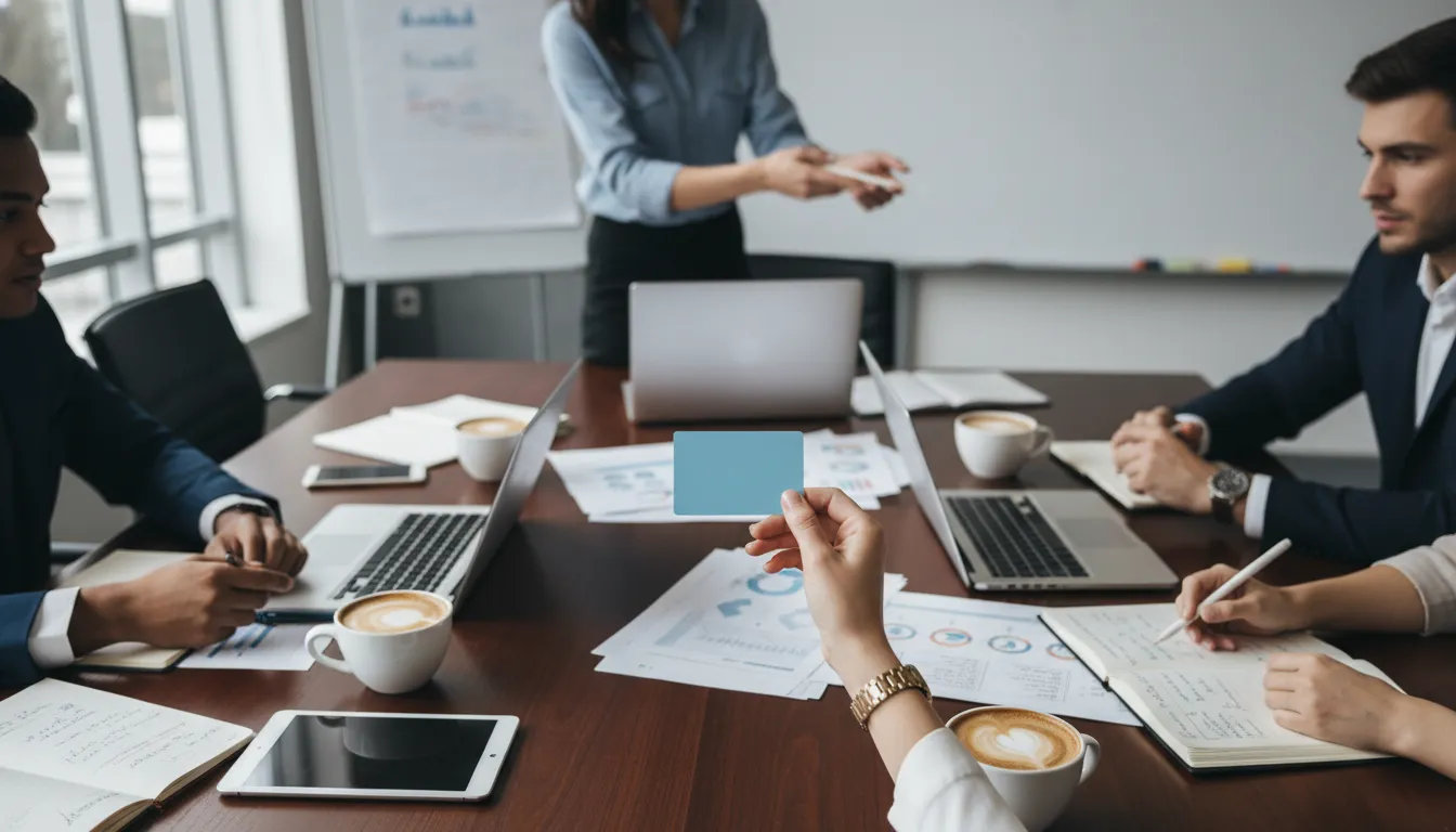 Profissionais diversos colaboram em torno de uma mesa, um deles segurando um Cartão Pré Pago para despesas corporativas.