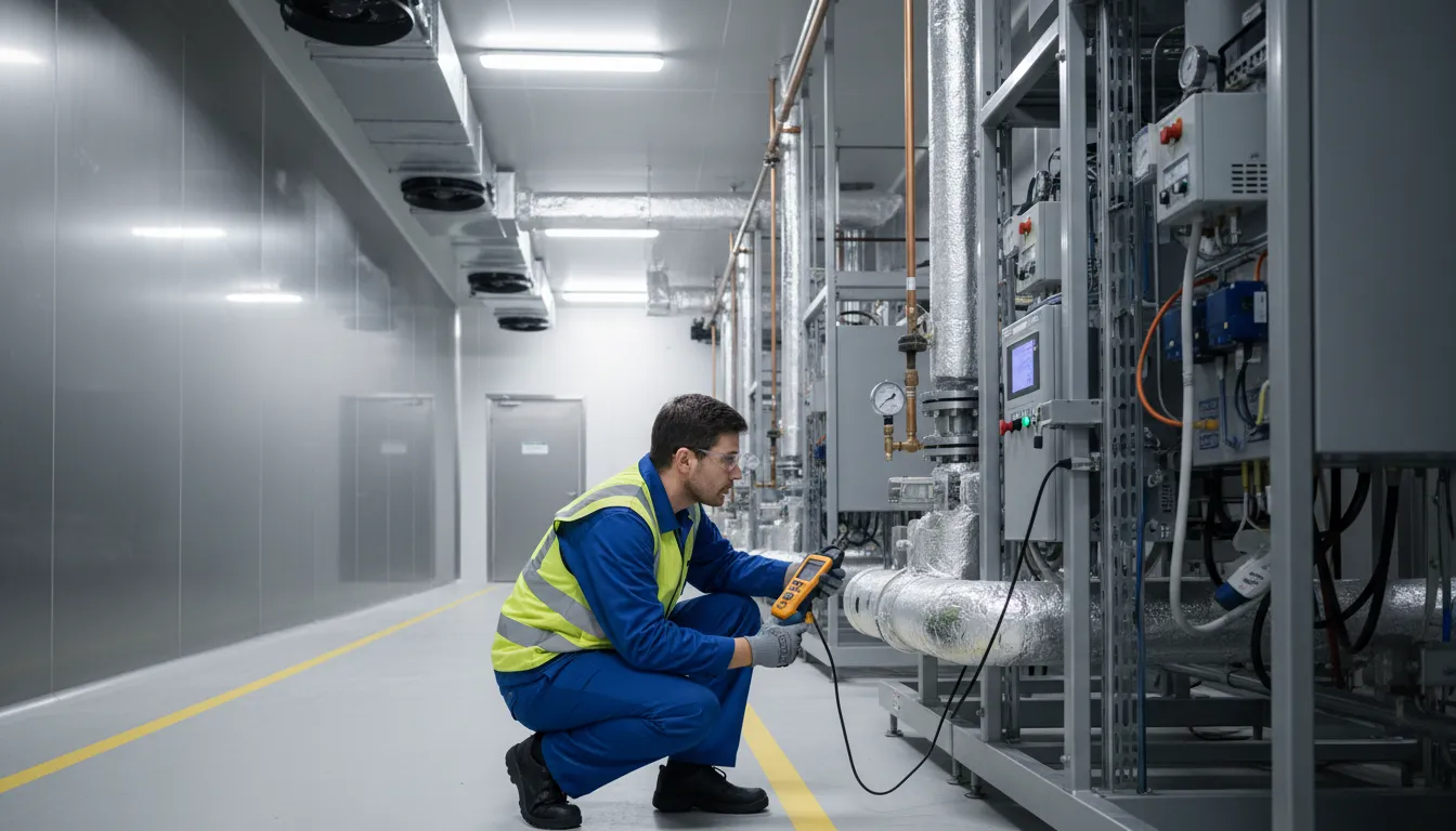 Técnico da Veltter inspecionando câmara fria moderna, garantindo segurança e conformidade com NR-15 para evitar insalubridade.