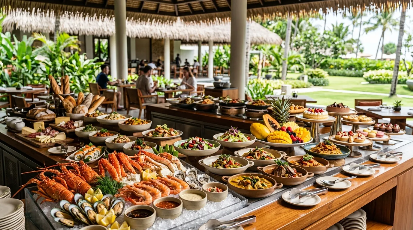 Buffet de comida gourmet em restaurante de resort all inclusive.