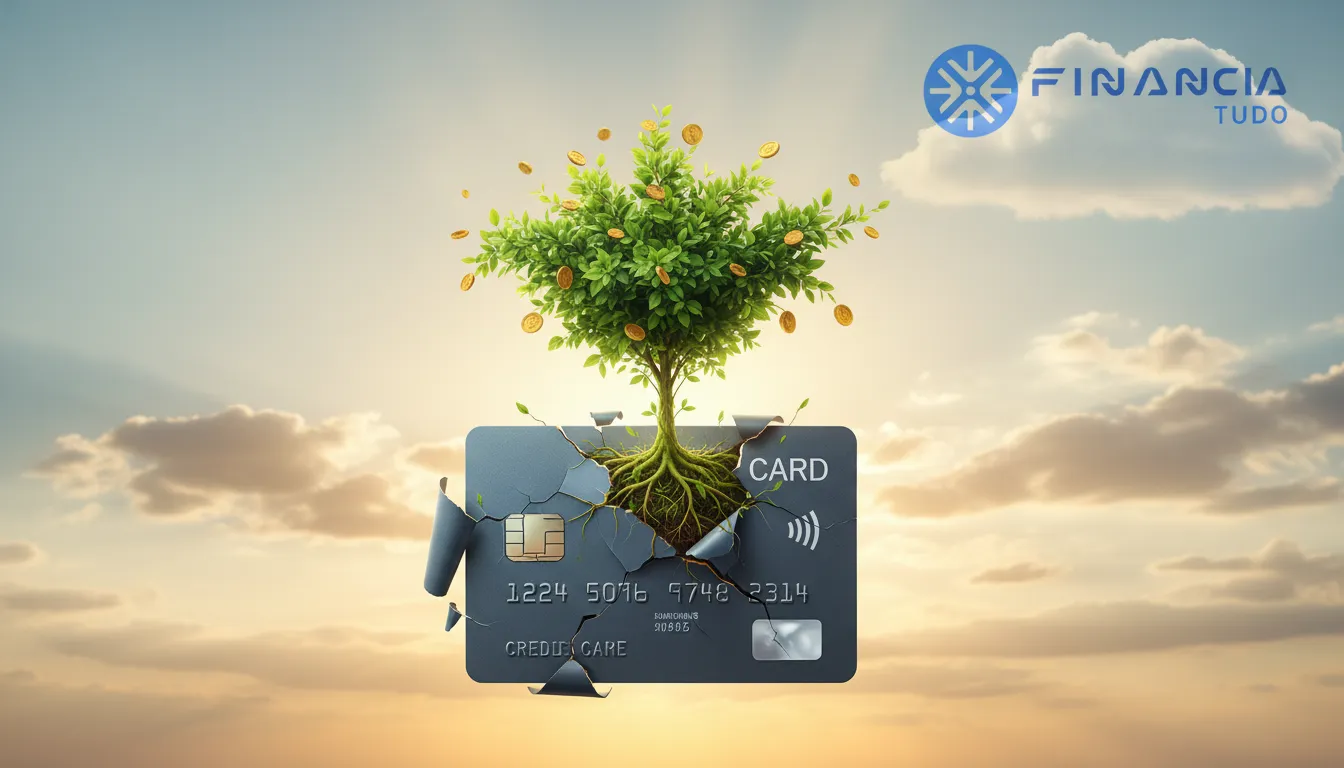 Metáfora visual de um cartão de crédito se transformando em planta, simbolizando o usar crédito de forma estratégica para o crescimento financeiro.
