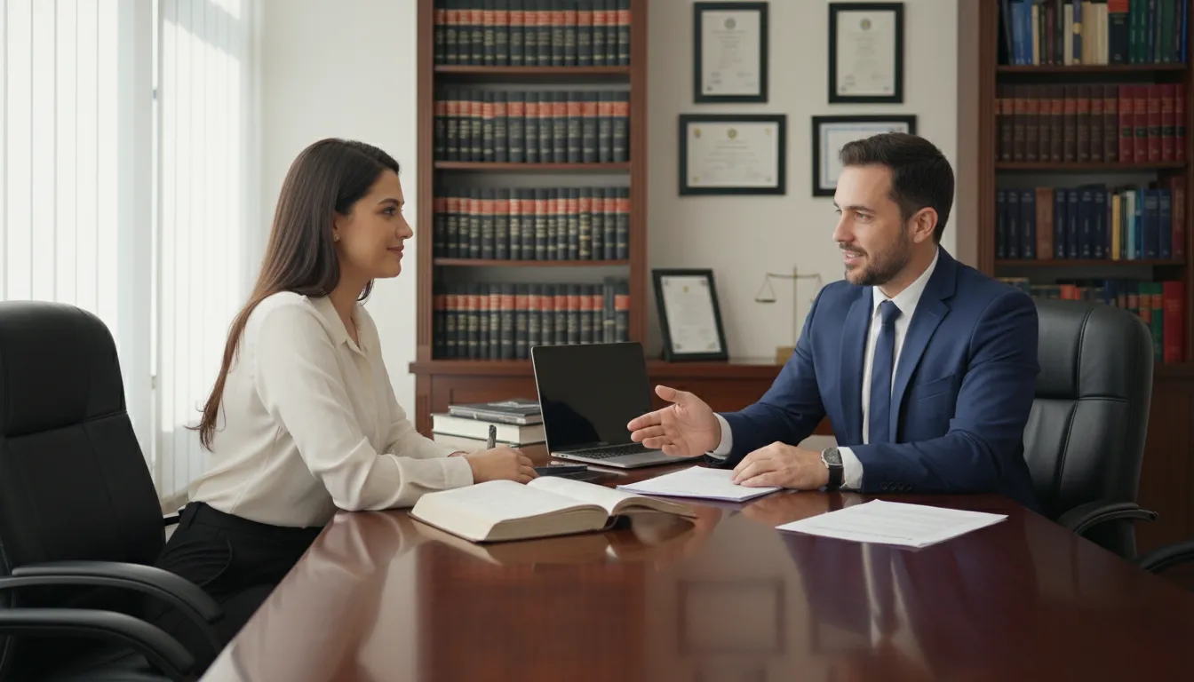 Advogado esclarecendo direitos de rescisão indireta de forma empática a trabalhador