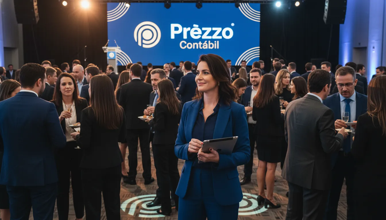 Evento corporativo bem-sucedido, com empresária confiante graças à contabilidade especializada para empresas de eventos.