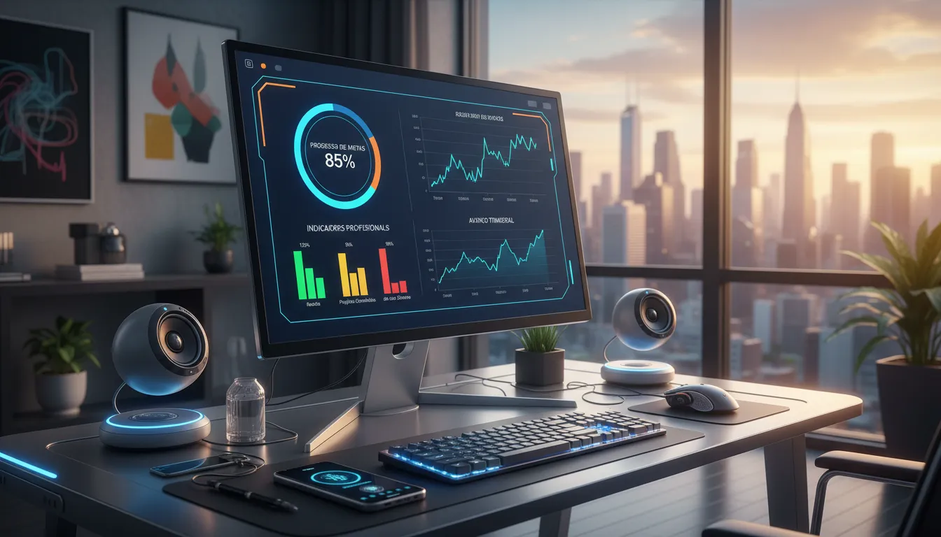Tela de computador mostra progresso profissional com gráfico de metas, ambiente tecnológico e inspirador