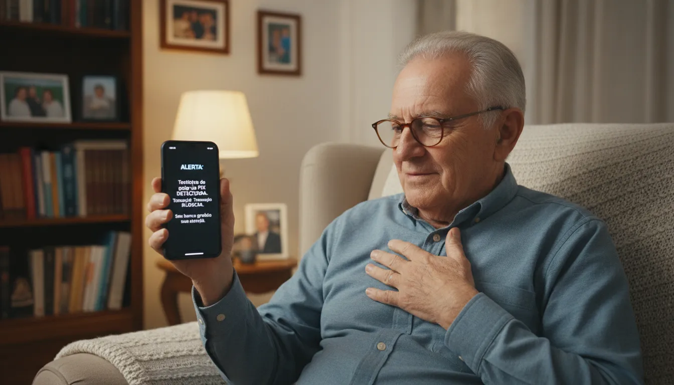 Homem idoso aliviado checa notificação de segurança em smartphone após tentativa de golpe por PIX.