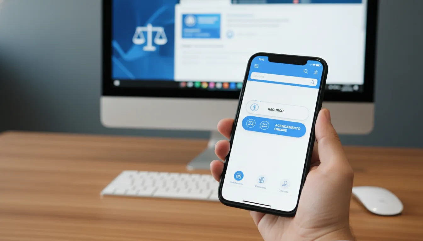 Mão usa smartphone para agendar recurso online e contestar perícia INSS, acessibilidade digital.