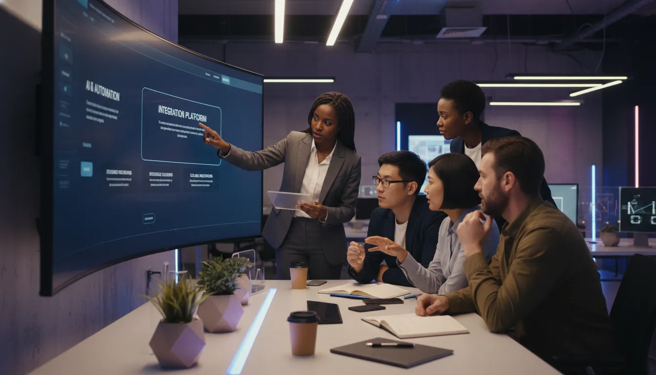 Site em 2026: Investir ou Não? Análise de ROI 2 Profissionais discutindo integração de IA e automação em site projetado na tela