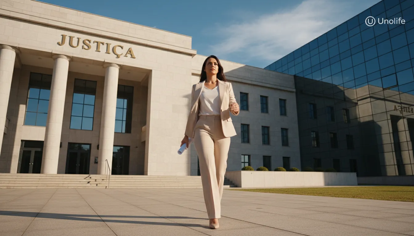 Imagem inspiradora de uma mulher buscando justiça com a ajuda de um advogado online especializado em casos de violência doméstica, representando a Unolife.