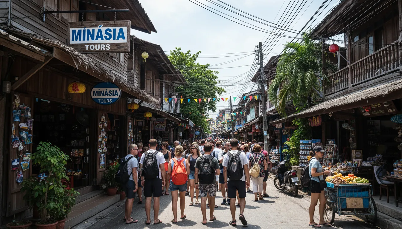 Rua movimentada em Tonsai Village, Phi Phi Don, repleta de lojas, restaurantes e turistas explorando a cultura local. A essência vibrante das ilhas phi phi.
