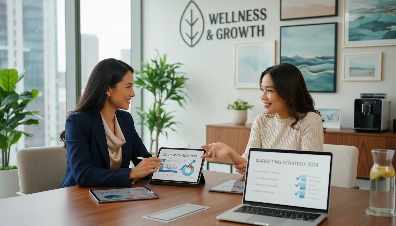 Empresária em reunião estratégica sobre marketing com consultora, em escritório premium decorado com elementos wellness.