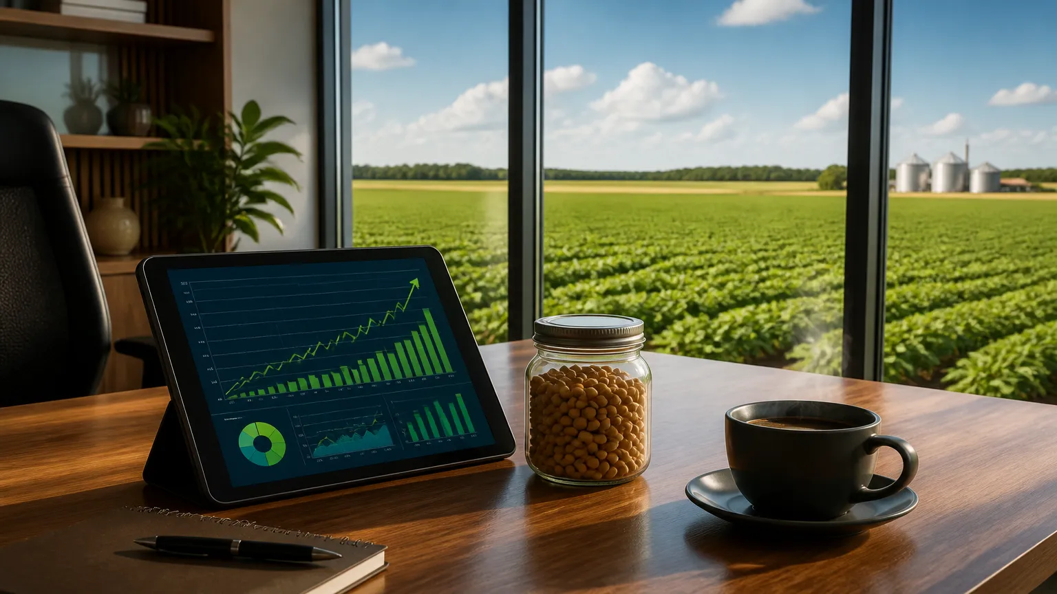 Graficos financeiros acompanhando altas da soja em escritorio do agronegocio