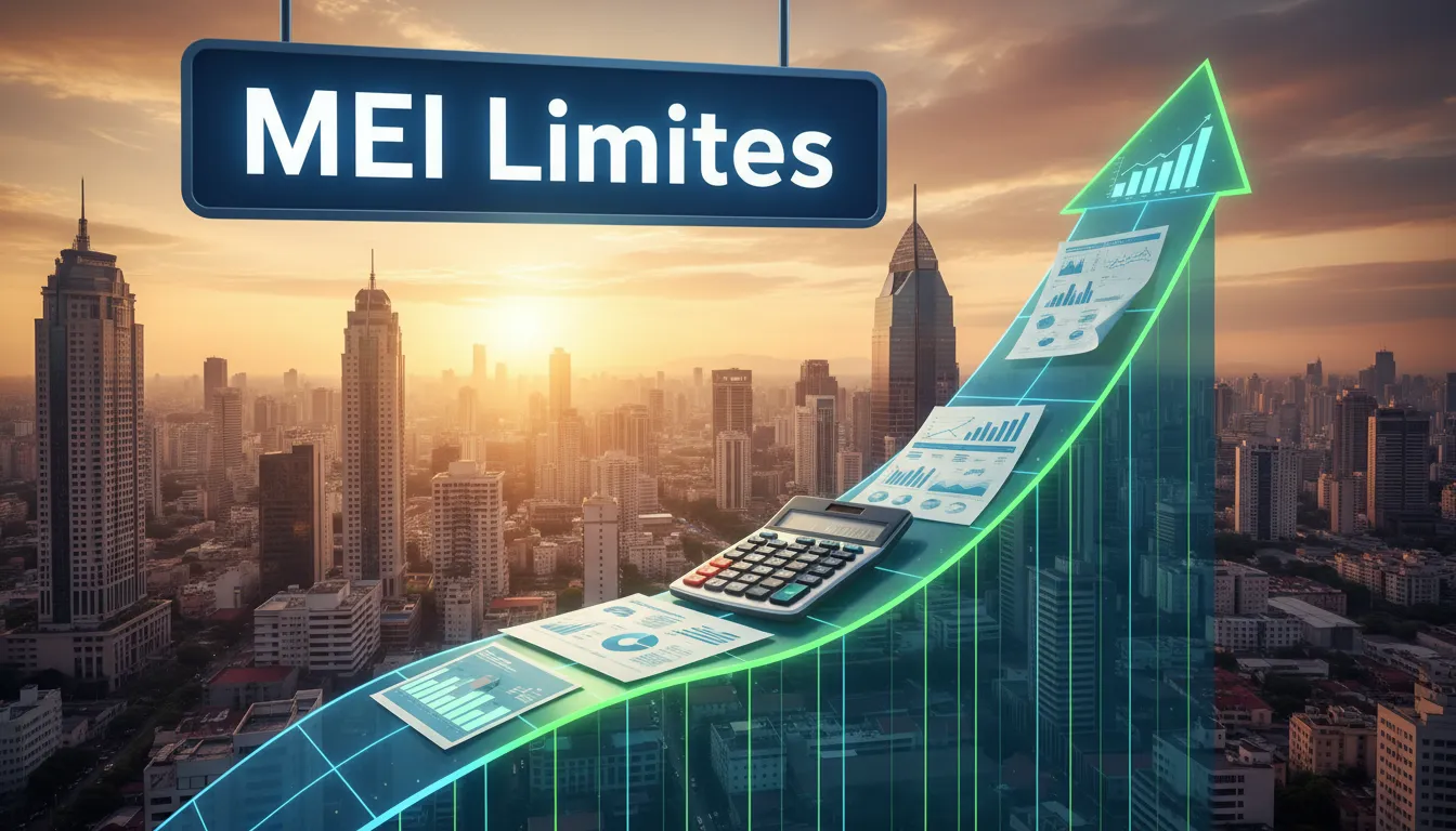 Uma imagem dinâmica de um gráfico crescente simbolizando o crescimento dos negócios, com um horizonte da cidade ao fundo. Isso ilustra a questão de qual é o limite do MEI.