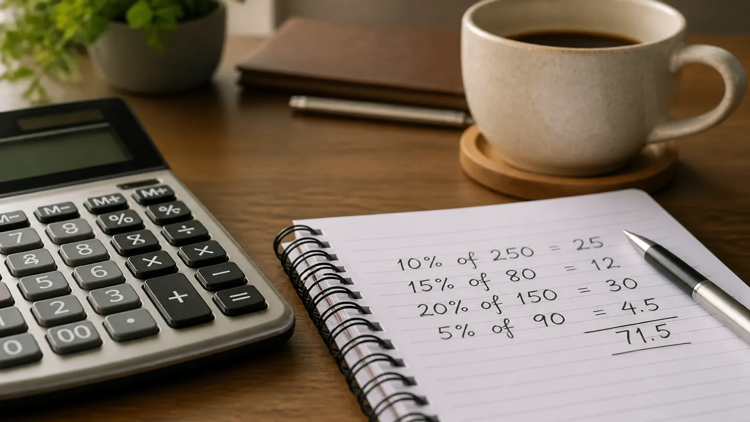 Cálculo detalhado de margem consignável em caderno com calculadora ao lado.