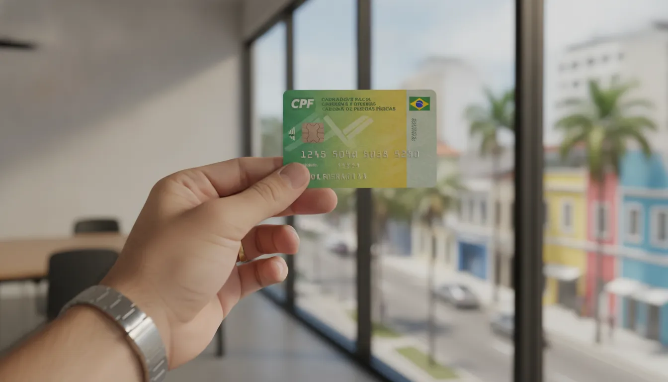 Close-up of a hand holding a valid CPF Brazil card, symbolizing official identification for foreigners.
