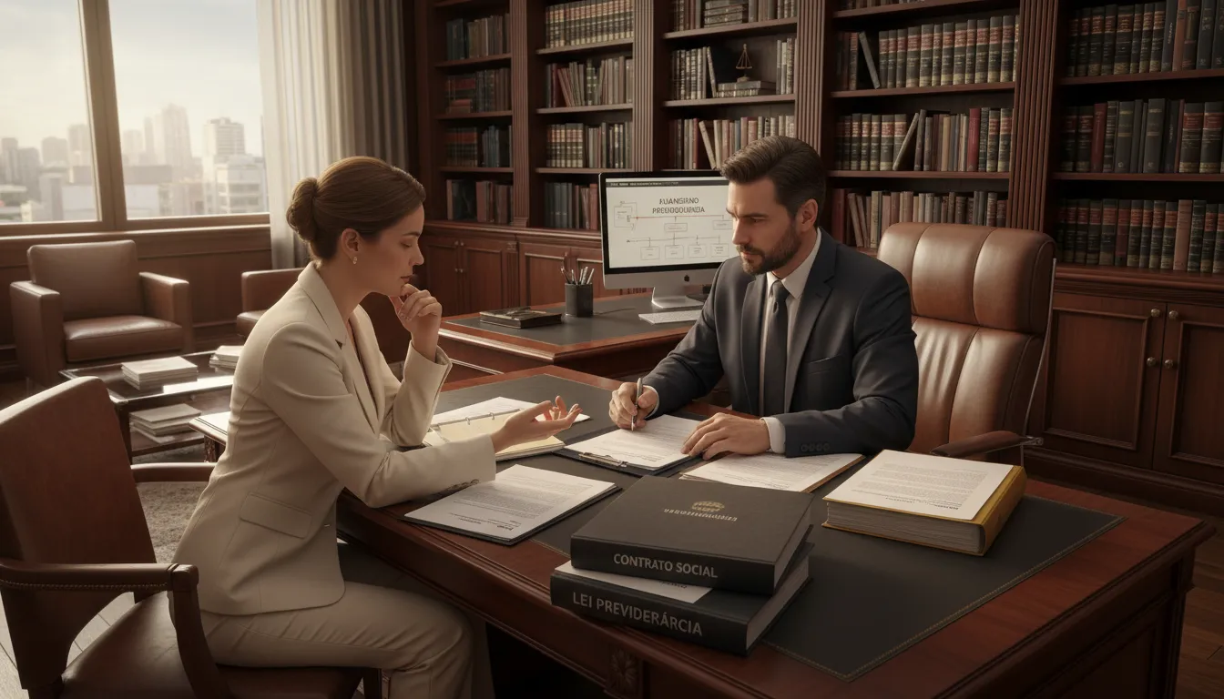 Advogado previdenciário orientando gestor empresarial sobre contratos e legislação em escritório moderno.