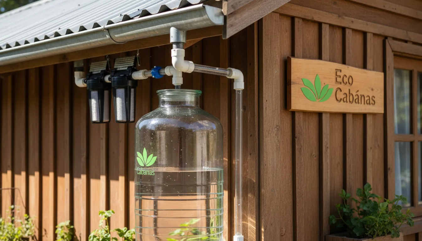 Detalhe do sistema de captação de água da chuva instalado em uma eco-cabana, destacando a eficiência da filtragem e o armazenamento limpo para garantir água potável.