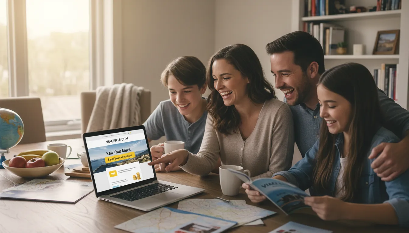 Uma família feliz planejando suas férias usando um laptop com o site da Viagente, descobrindo onde vender milhas para financiar sua viagem dos sonhos.