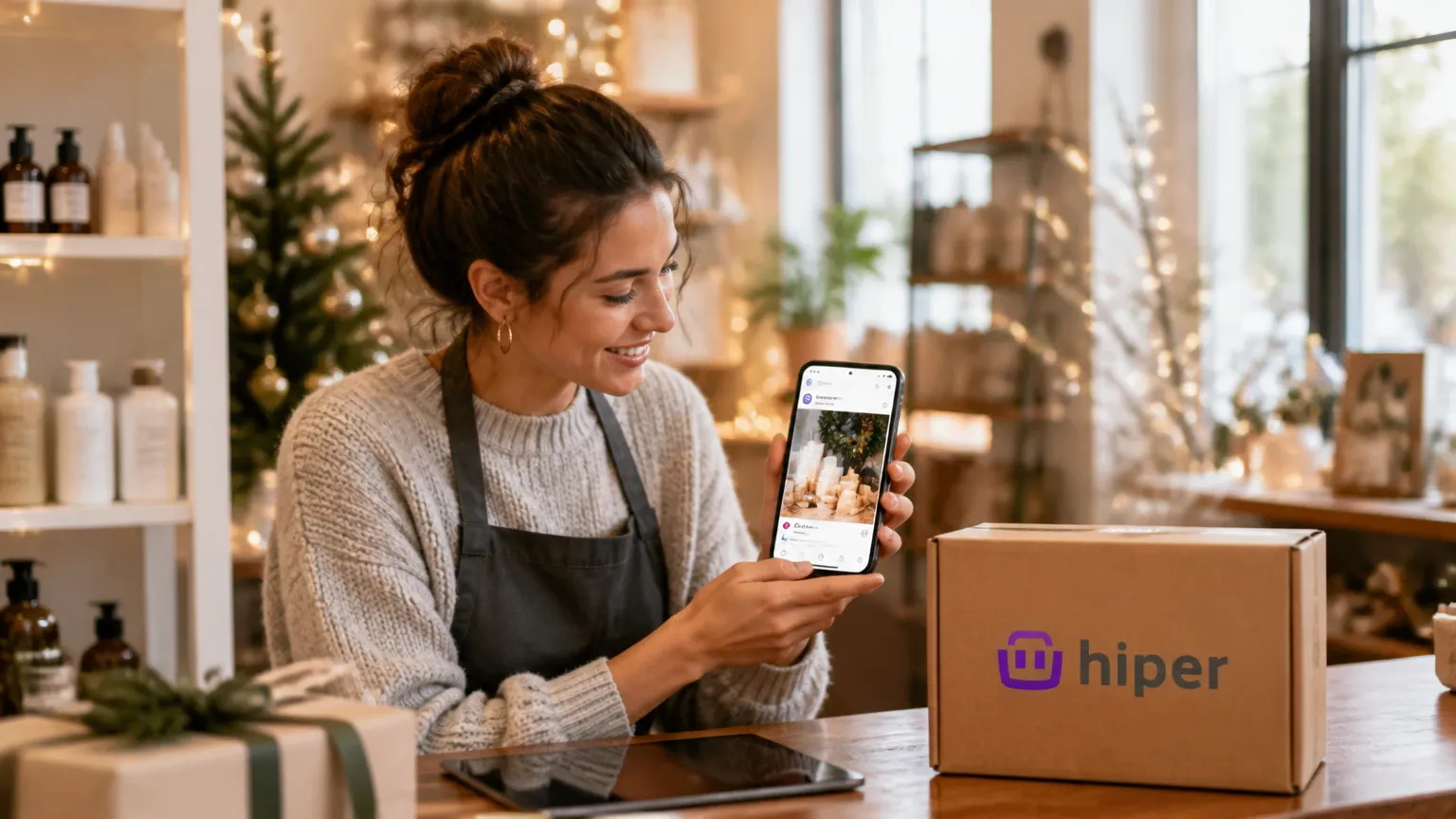 Comerciante criando mensagem de Natal para clientes para divulgação nas redes sociais.