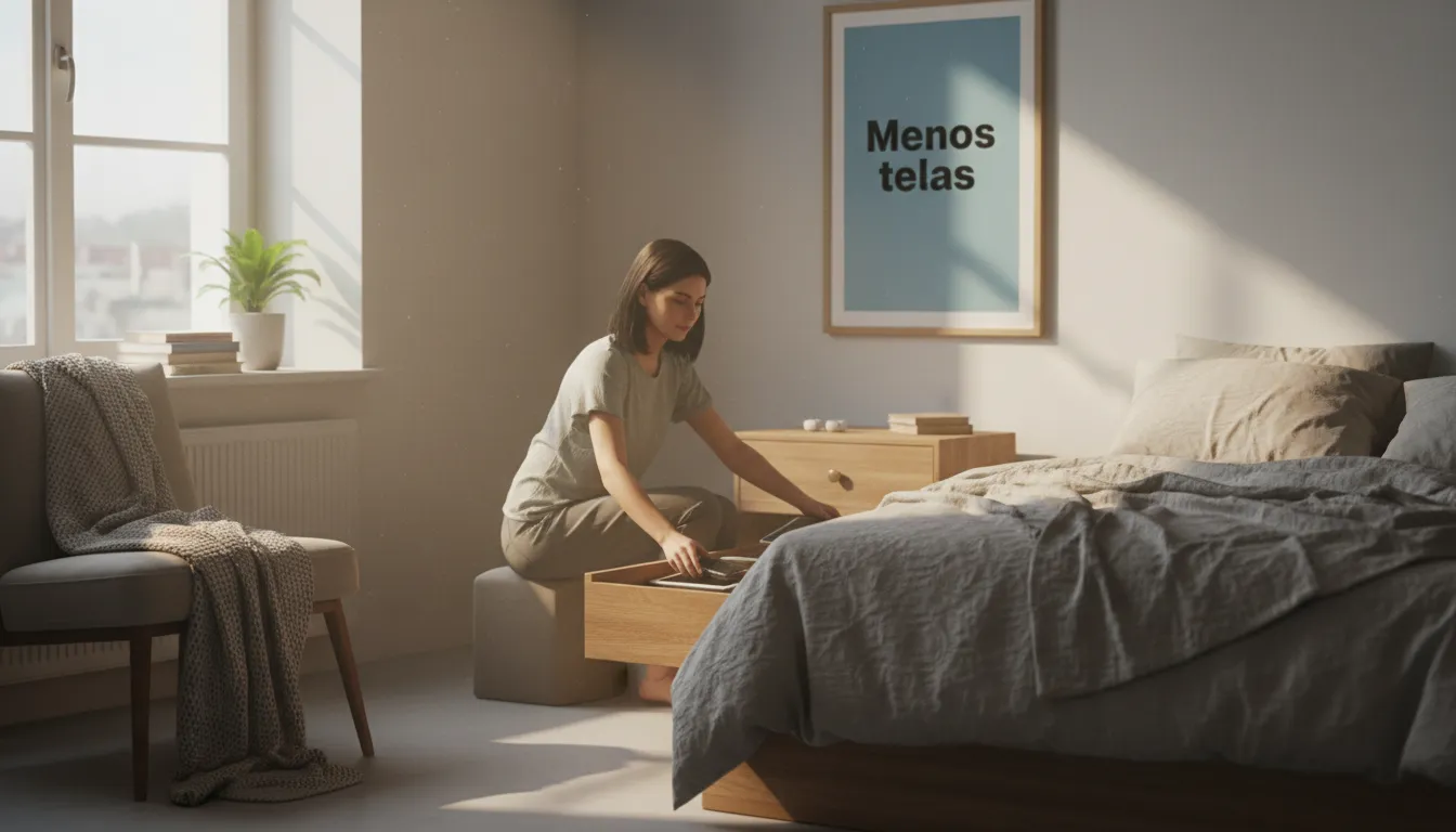 Uma pessoa guardando seus dispositivos eletrônicos, simbolizando a redução do uso de telas para combater a Ansiedade e o estresse.