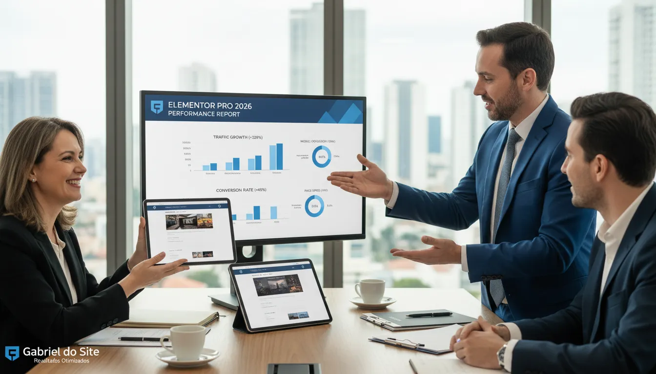Elementor Pro 2026: Novidades e Como Criar Sites Avançados 3 Consultor Gabriel do Site mostrando resultados de desempenho de site Elementor Pro 2026 a cliente em reunião.