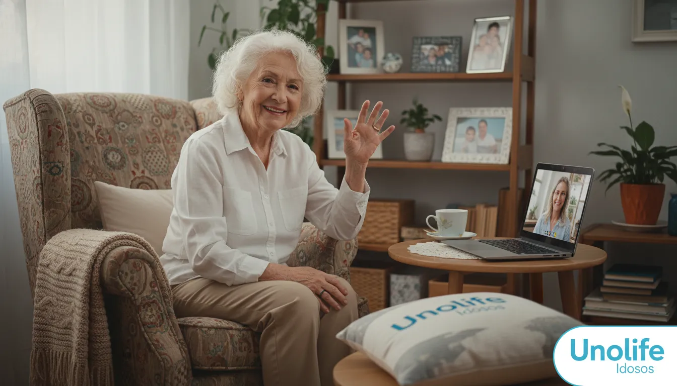 Idosa sorrindo durante uma sessão de terapia online com Unolife, mostrando a acessibilidade e o conforto do atendimento social para idosos.