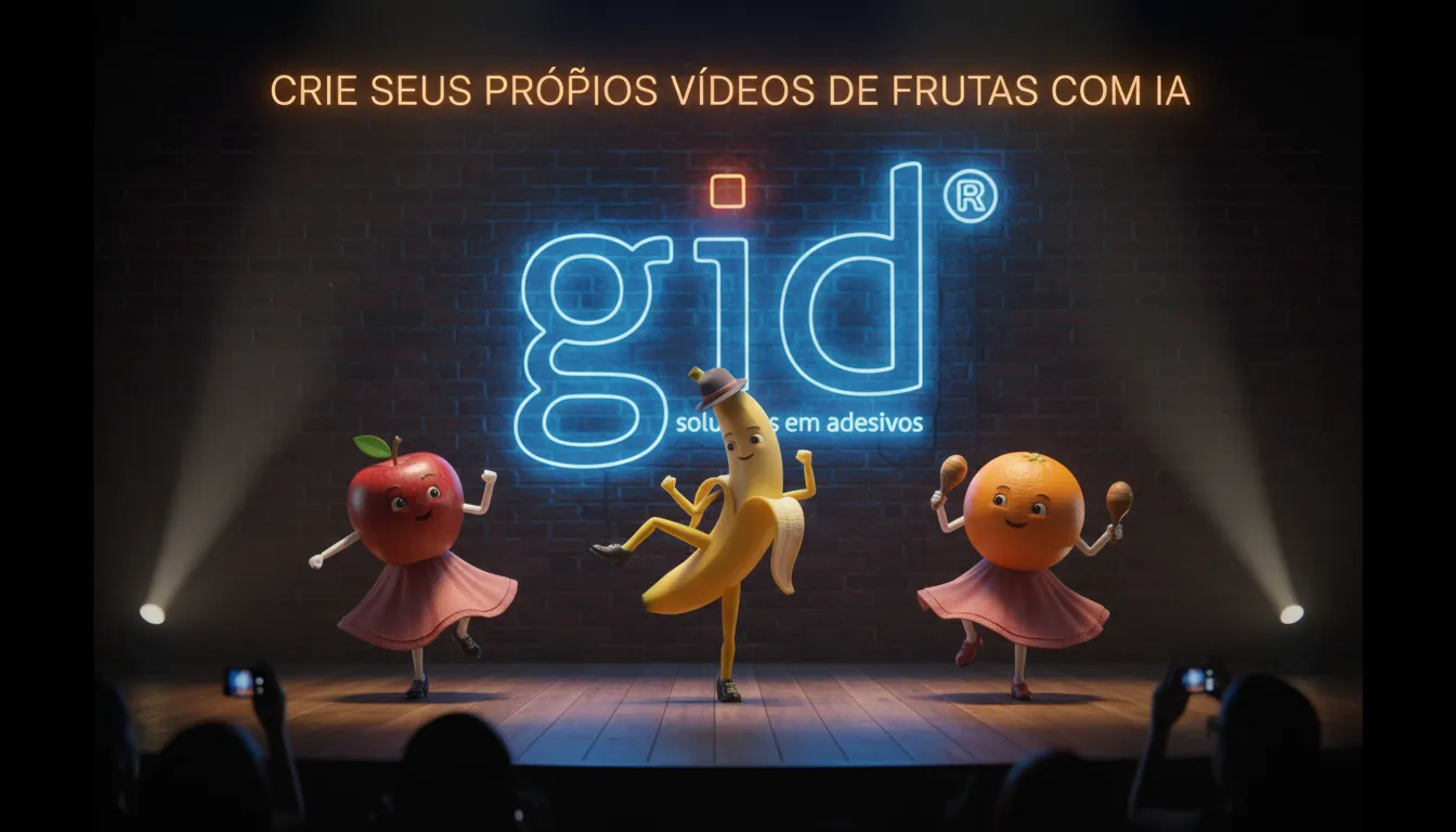 Frutas dançando em sincronia, criadas com IA, seguindo a trend dos vídeos frutas com ia. Soluções GID para adesivos personalizados.