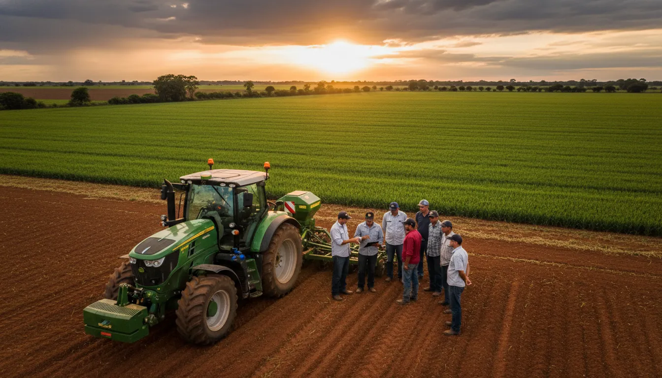 Cena agrícola moderna: agricultores usam tecnologia para enfrentar o desafio produção nova safra.
