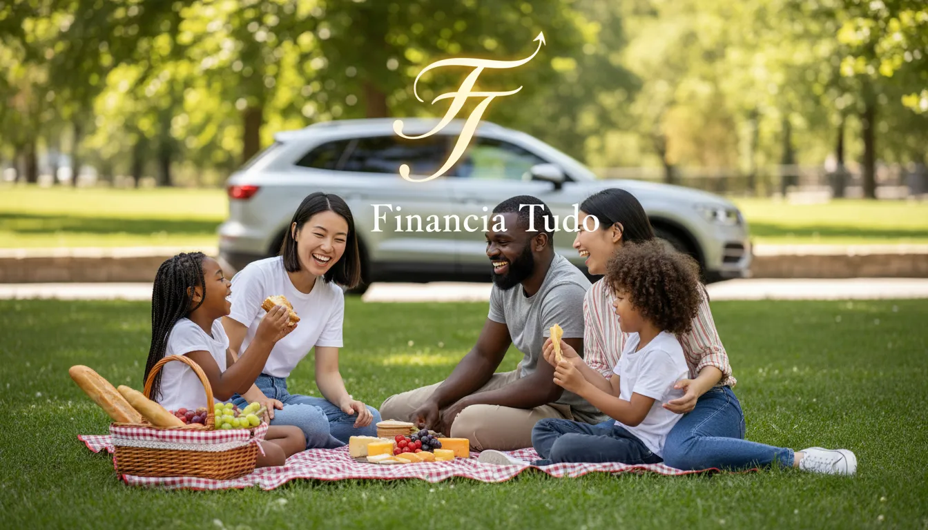Família feliz aproveitando a liberdade financeira conquistada através do refinanciamento automóvel para novos projetos.