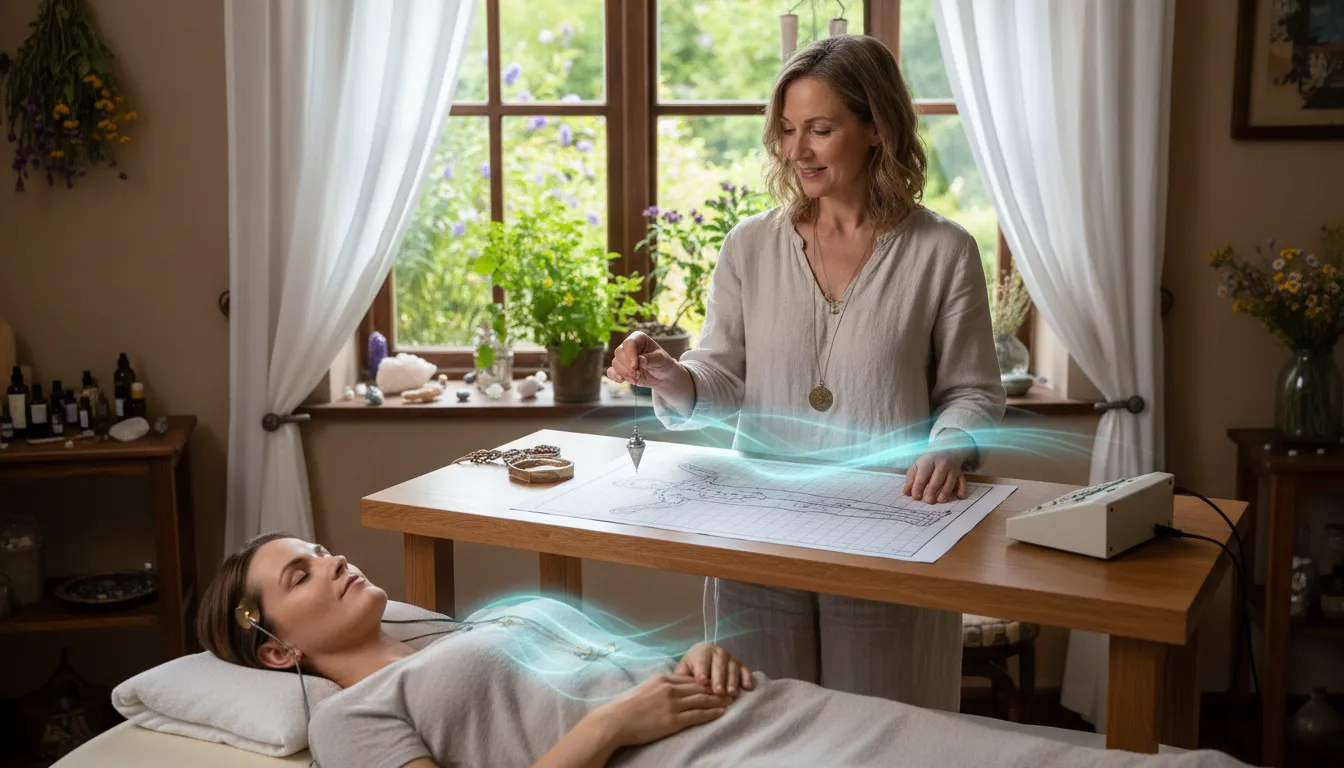 Terapeuta holístico utiliza a mesa radiônica para avaliar o campo energético do cliente, promovendo bem-estar e alinhamento energético.