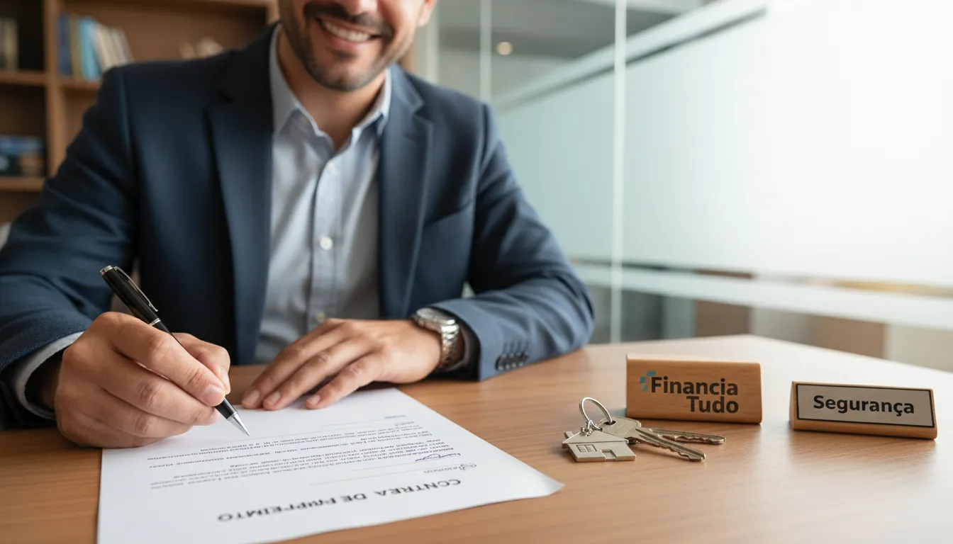 Pessoa assinando contrato de crédito, simbolizando a segurança de usar um bem como garantia através da Financia Tudo para crédito com garantia.