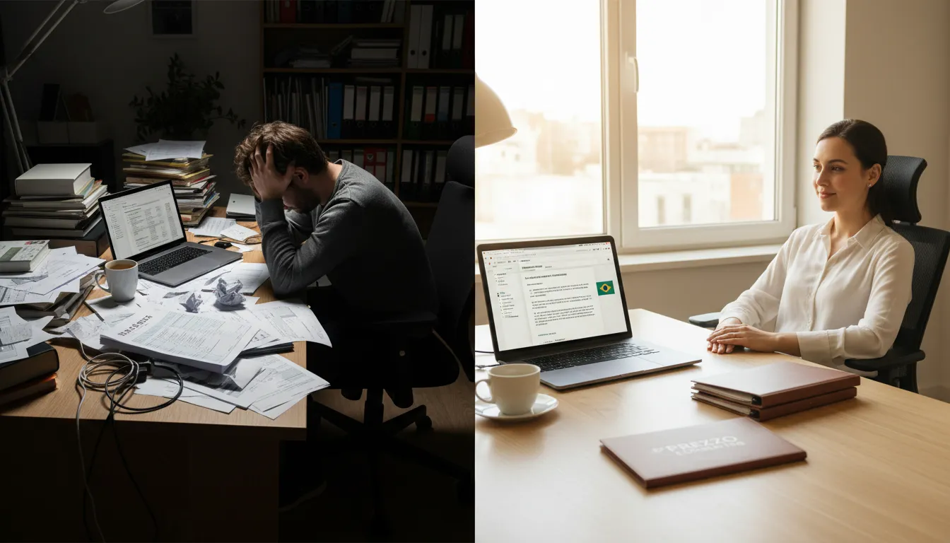 Contraste entre a confusão de não saber e a clareza de saber como declarar renda dos EUA no Brasil com a ajuda da Prezzo Consulting.