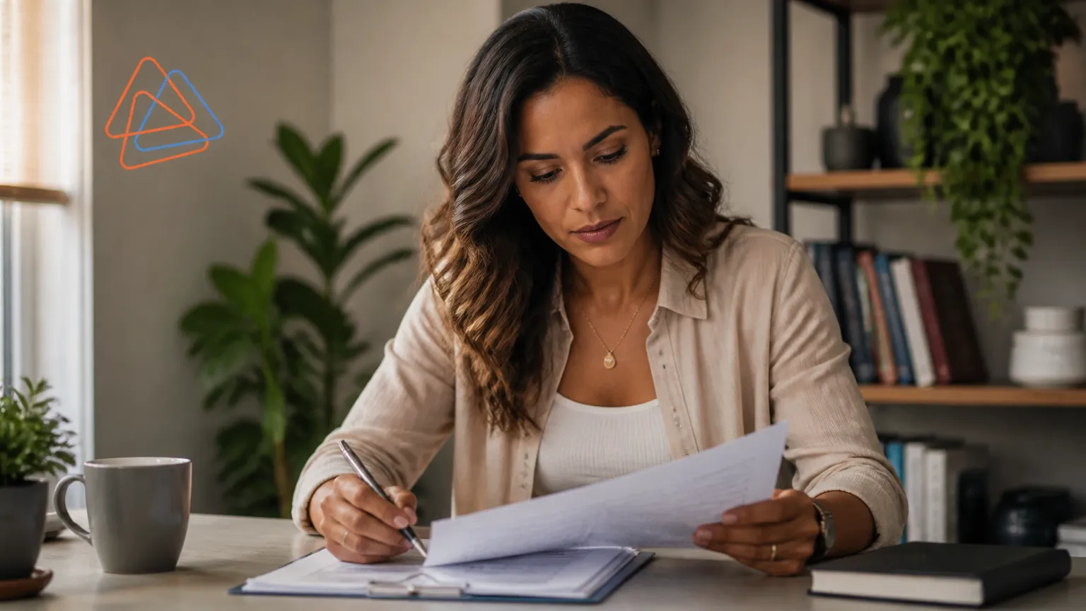 Profissional analisando cláusulas de contrato de teletrabalho e trabalho híbrido com atenção.