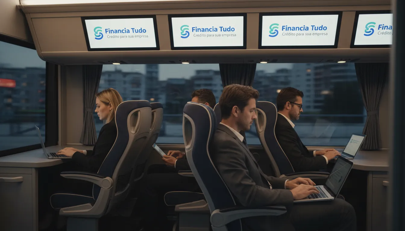 Interior de um ônibus com passageiros e telas exibindo o logo da Financia Tudo e a frase Crédito para sua empresa, ilustrando as possibilidades de empréstimo com ônibus em garantia.