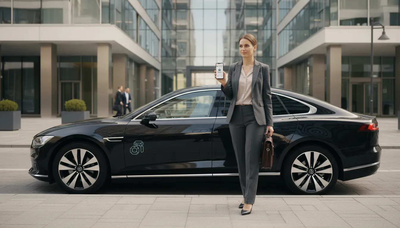 Executiva saindo de um taxi corporativo, com foco na conveniência do serviço de Taxi Corporativo para Sua Empresa.