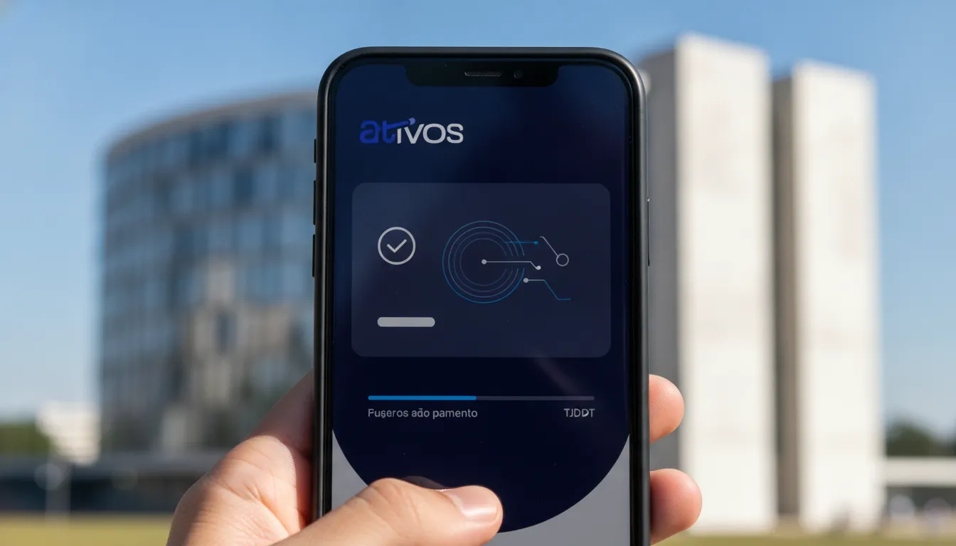 Mão segura smartphone com app Ativos mostrando Precatórios TJDF aprovado, prédio TJDFT ao fundo.