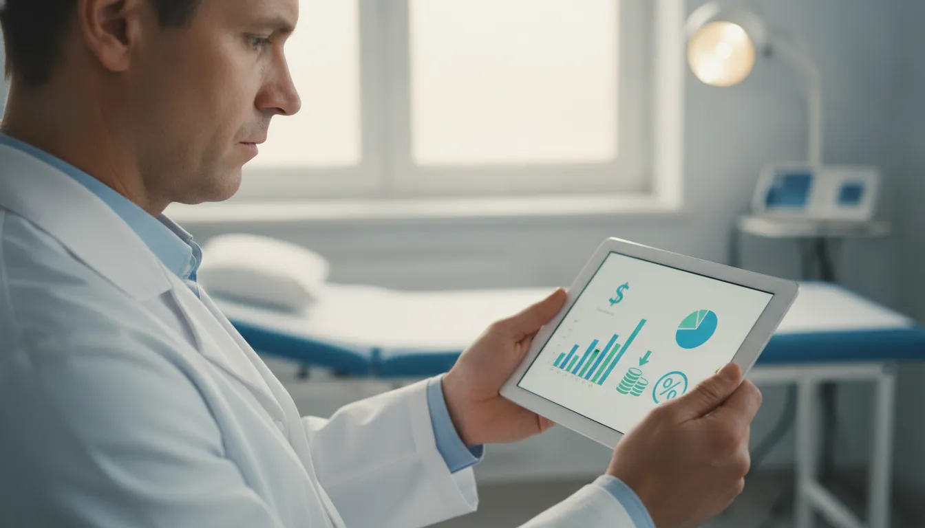 Médico focado revisando tablet com métricas financeiras. Importância do bookkeeping para consultórios médicos.