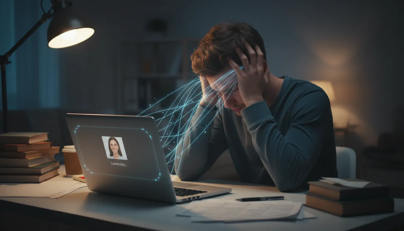 Homem estressado buscando apoio online para lidar com a ansiedade e depressão, encontrando conforto na terapia.