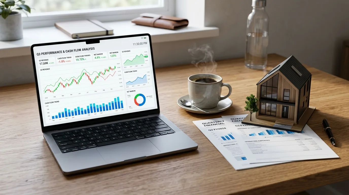 Planejamento de capital de giro e home equity para empresa com gráficos financeiros e modelo de imóvel.