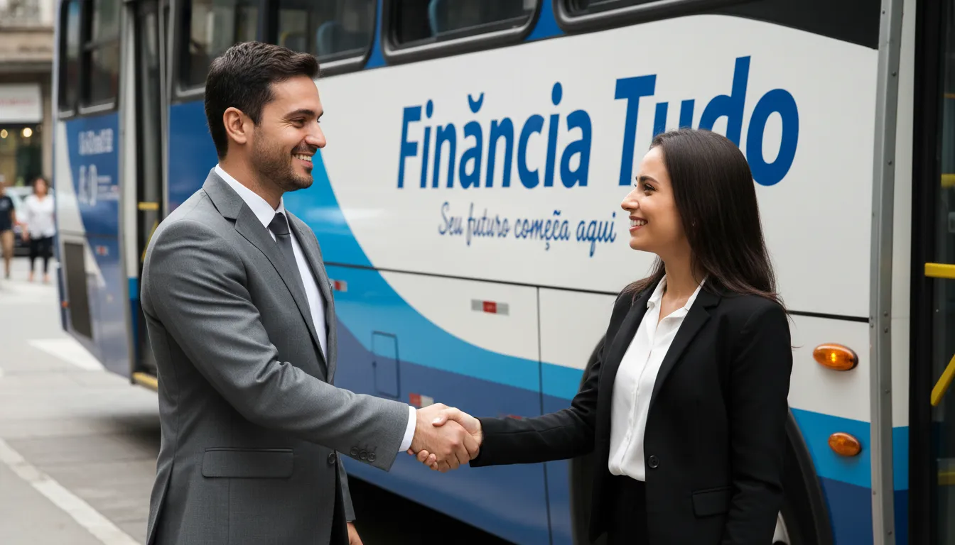Um empresário apertando a mão de um agente da Financia Tudo em frente a um ônibus, simbolizando a parceria para obter empréstimo com ônibus em garantia.