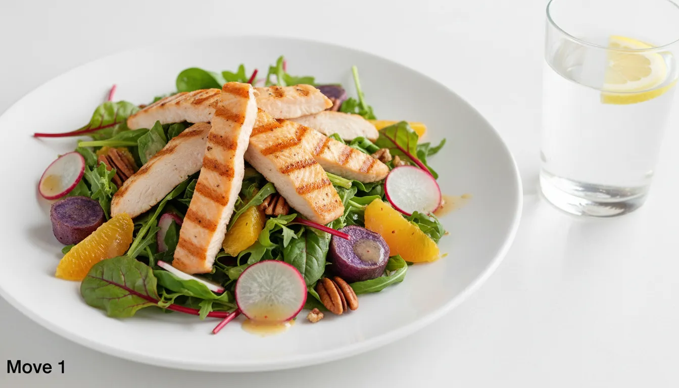 Salada colorida e bem montada com alimentos naturais para refeição saudável, incluindo vegetais, frango grelhado e um molho vinagrete leve, servida em um prato branco.