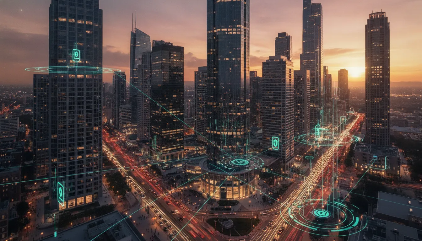 Cena urbana distrito financeiro EUA ao pôr do sol, simbolizando segurança ao enviar dinero a Estados Unidos.