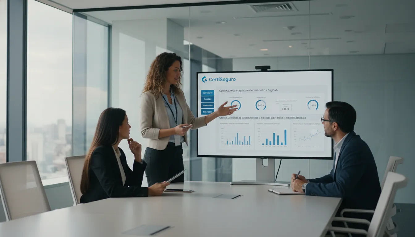 Equipe contábil discute gestão segurança certificado digital, garantindo conformidade CFC contador.