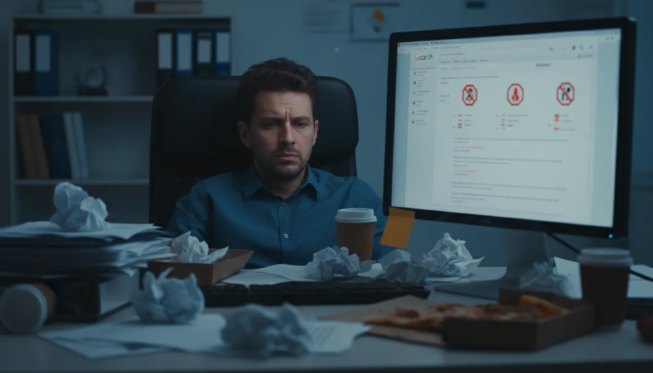 Especialista de SEO frustrado olhando para resultados de busca penalizados, mostrando como Is AI Content mal utilizado prejudica o SEO.