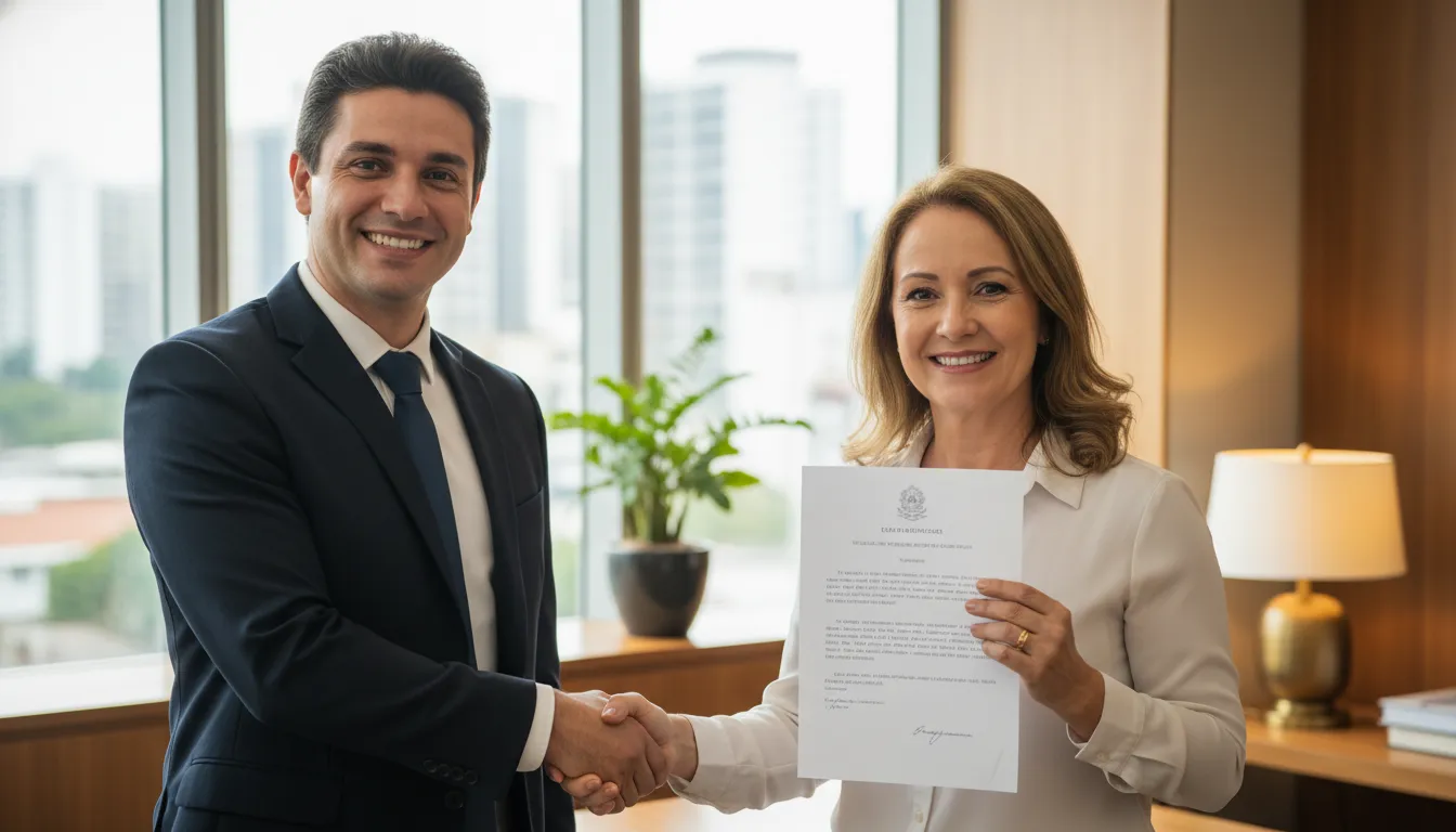 Cliente sorridente agradece advogado em Biguaçu pela resolução favorável em caso de plano de saúde.