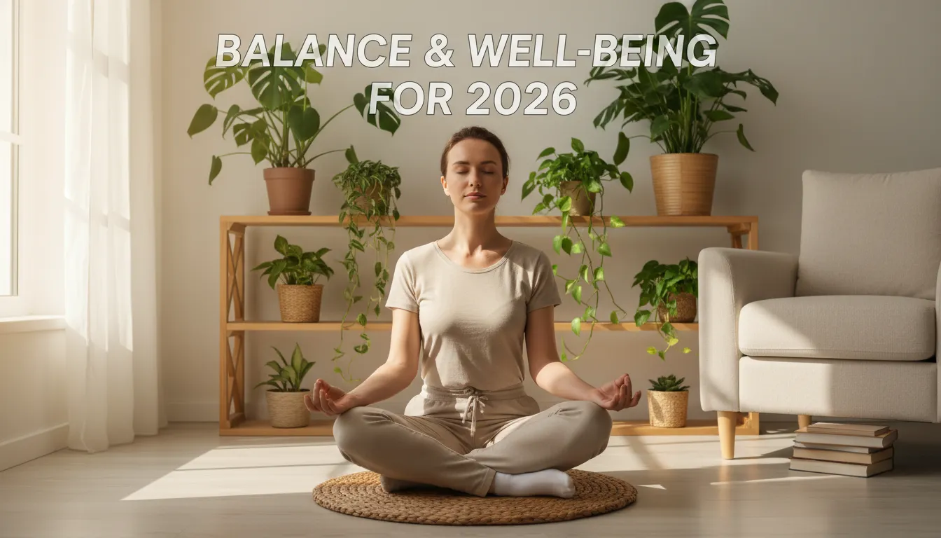 Pessoa meditando em casa com luz suave e plantas, ilustrando equilíbrio e cuidados com o bem-estar em 2026.