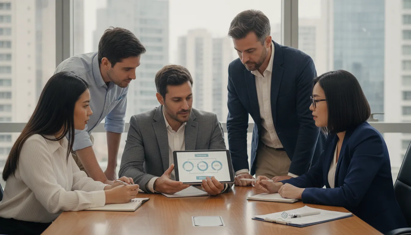 Grupo de empresários recebe orientação especializada sobre como emitir nota fiscal, garantindo conformidade fiscal.
