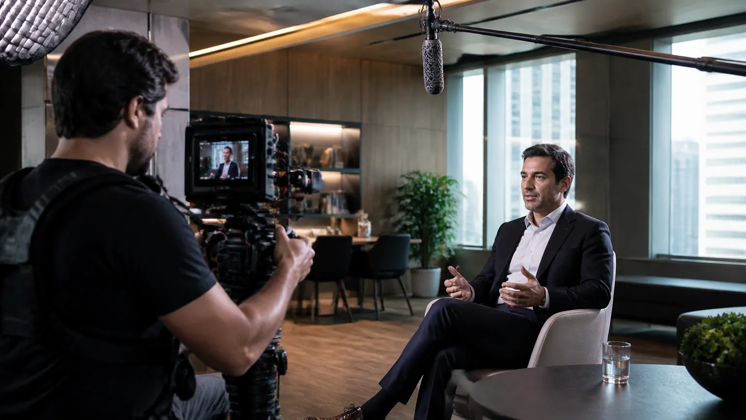 Bastidores de gravação institucional com produtora de vídeo em São Paulo em ambiente corporativo.