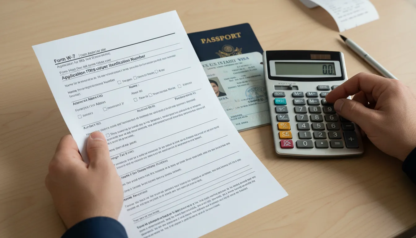 Solicitante preparando formulario ITIN, pasaporte y calculadora sobre escritorio para presentación de impuestos.